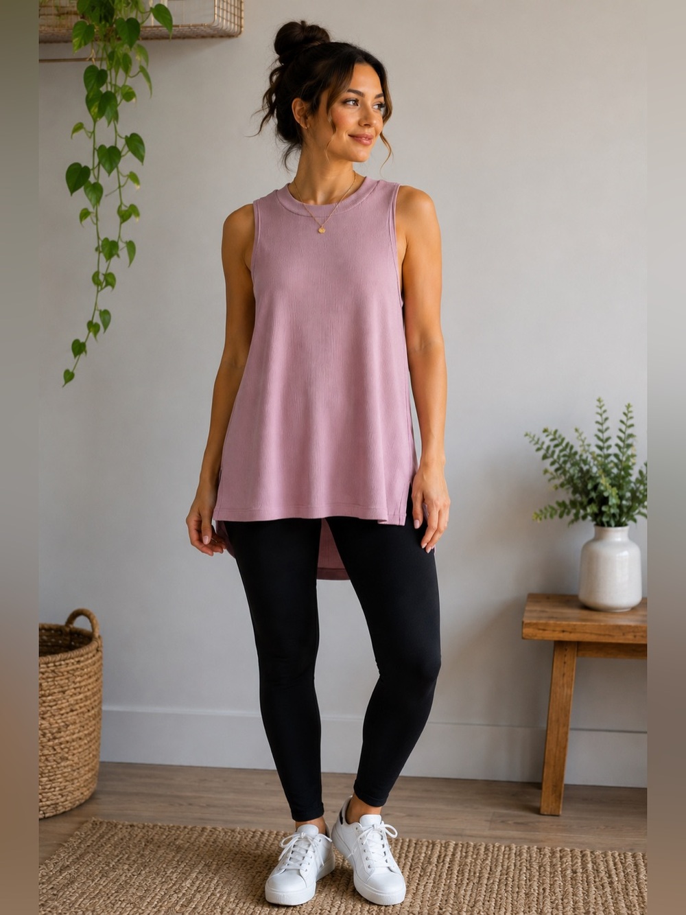 Dusty Rose Ribbed High-Low Sleeveless Tank Top